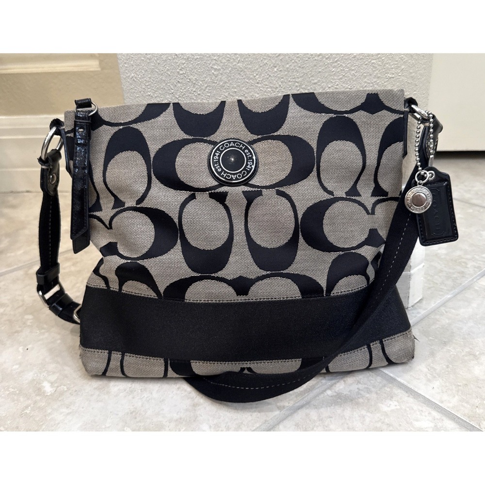 COACH Signature Logo Stripe Crossbody Zip Shoulder Bag F19220 Black/Brown Purse